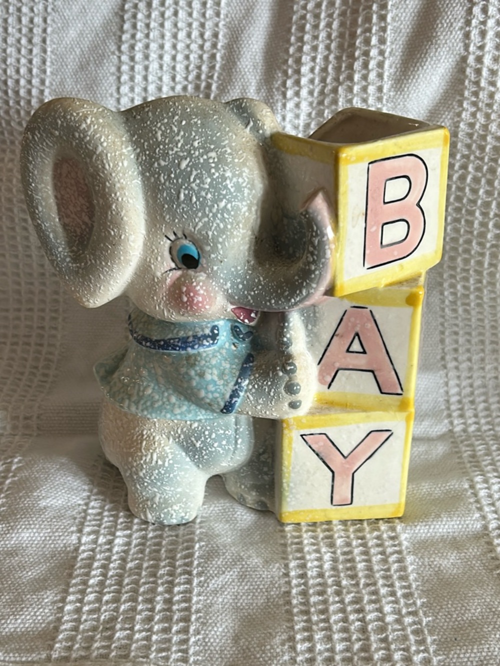 Baby Elephant Ceramic Figurine with Yellow Blocks
